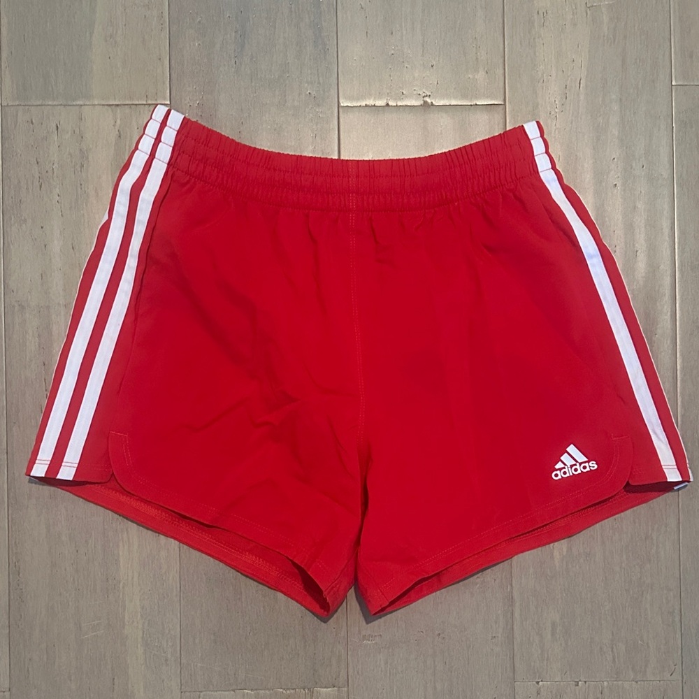 adidas Girls Red Lined Athletic Shorts with White Side Stripes